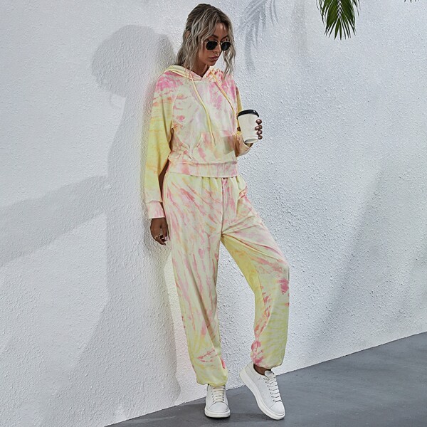 

Tie Dye Kangaroo Pocket Drawstring Hoodie & Sweatpants, Multicolor