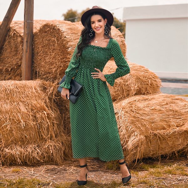 

Polka Dot Shirred Bodice Dress, Dark green