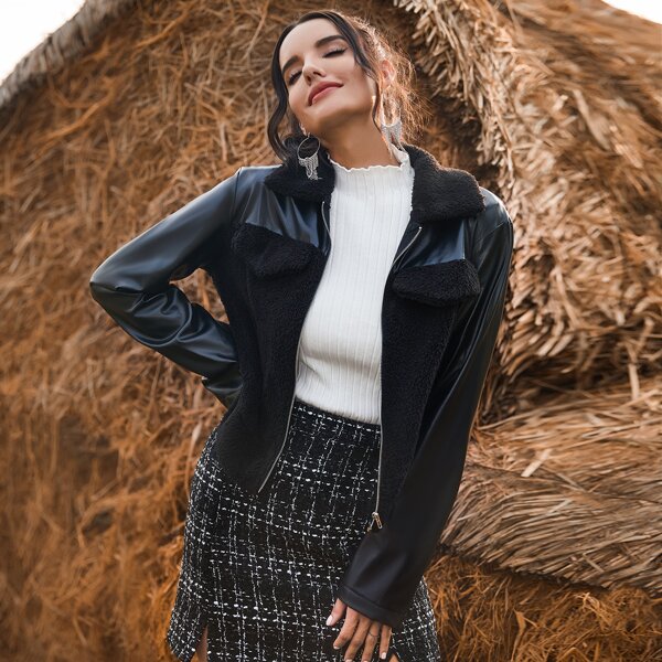 

Contrast Faux Fur Panel PU Jacket, Black