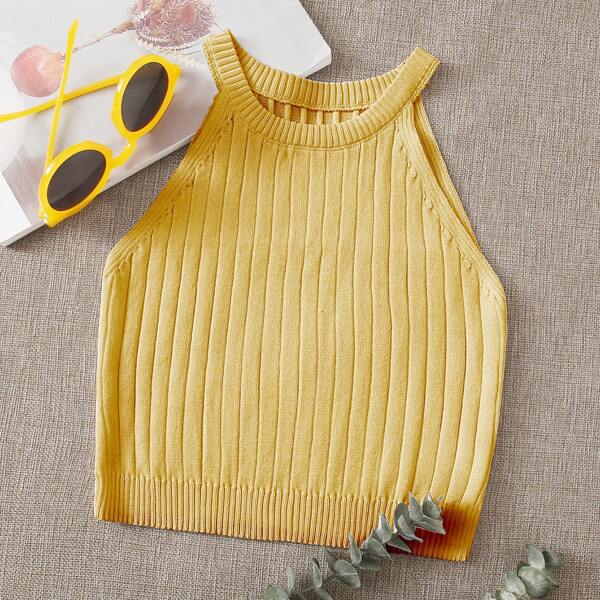 

Solid Crop Ribbed Knit Halter Top, Yellow