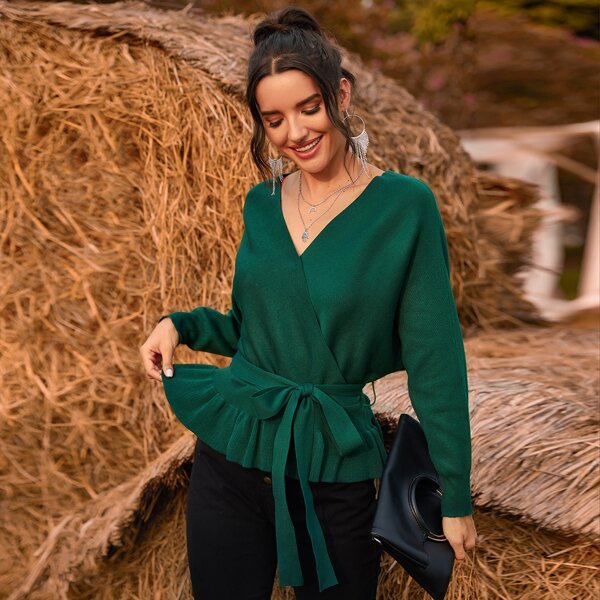 

Surplice Neck Ruffle Hem Batwing Sleeve Belted Sweater, Dark green