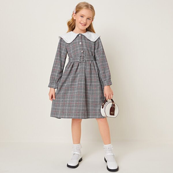 

Girls Statement Collar Buckle Belt Plaid Dress, Grey