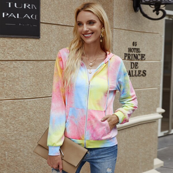 

Tie Dye Zip Up Drawstring Hoodie, Multicolor