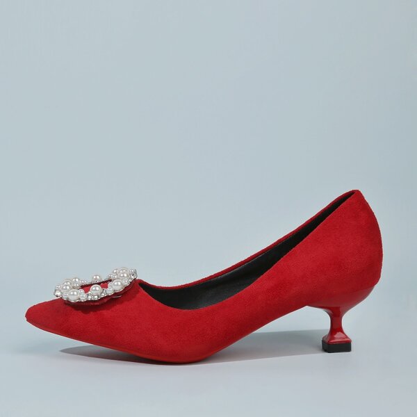 

Faux Pearl Decor Mid Heeled Suede Pumps, Rose red