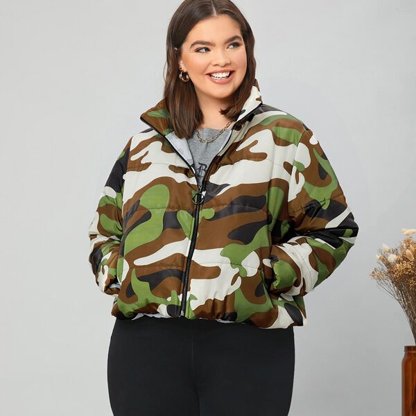 

Plus Zipper Placket Camo Puffer Jacket, Multicolor