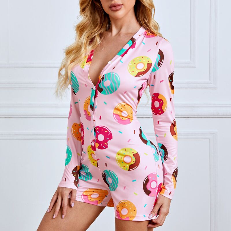

Donuts Print Button Front Romper, Baby pink