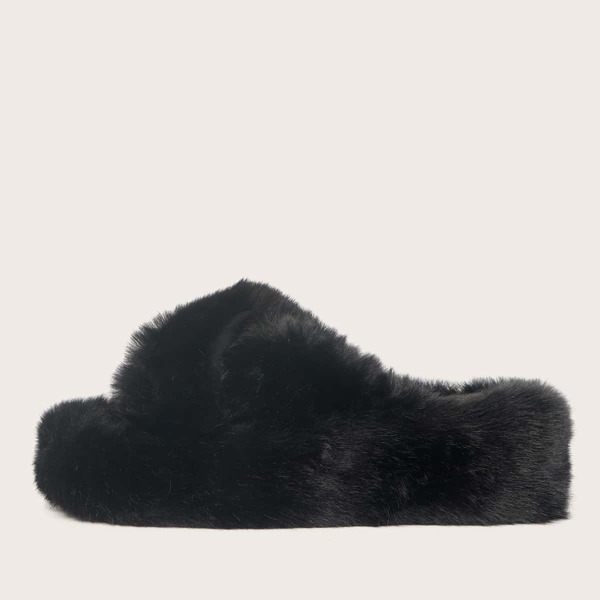 

Cross Strap Fluffy Slide Sandals, Black