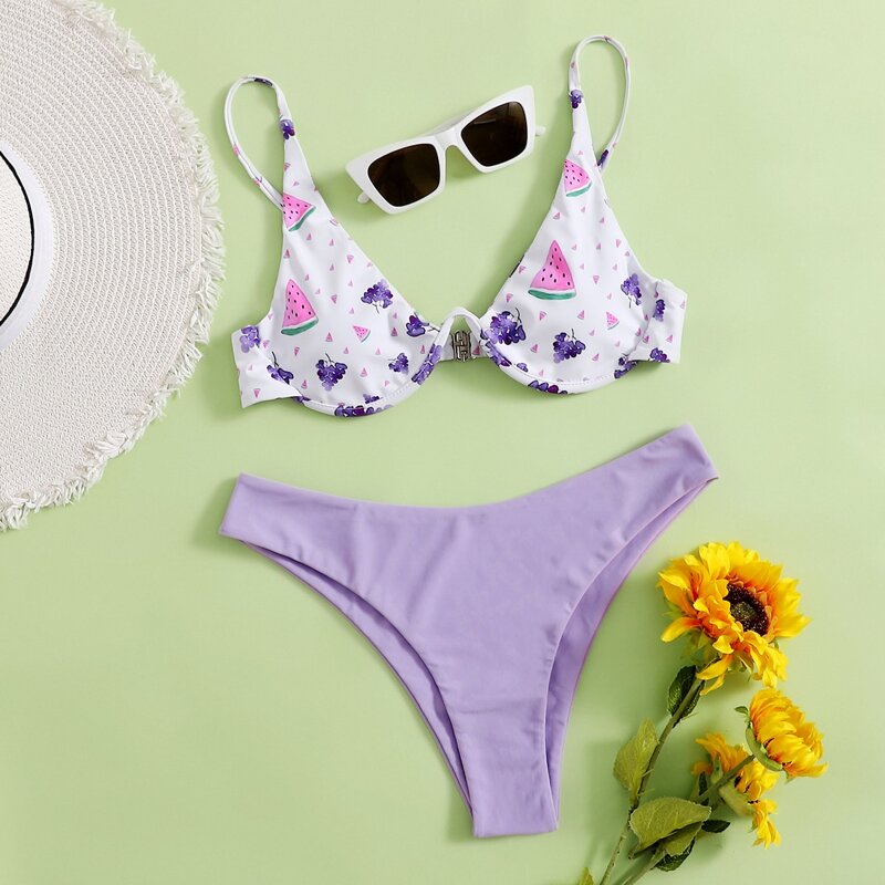 

Fruit Print Mismatched Bikini Swimsuit, Multicolor