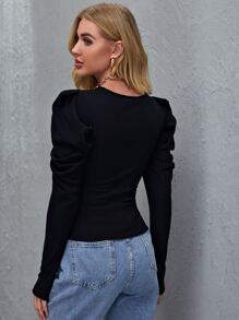 SHEIN Privé 交叉領羊腿袖上衣 - 黑色 - 查看 2
