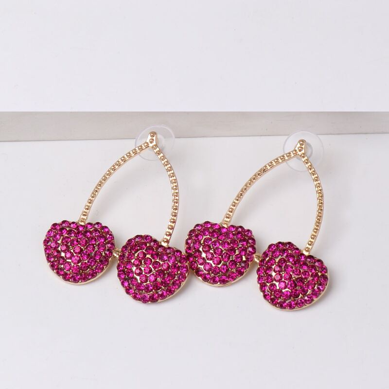 

Rhinestone Decor Cherry Design Stud Earrings, Hot pink