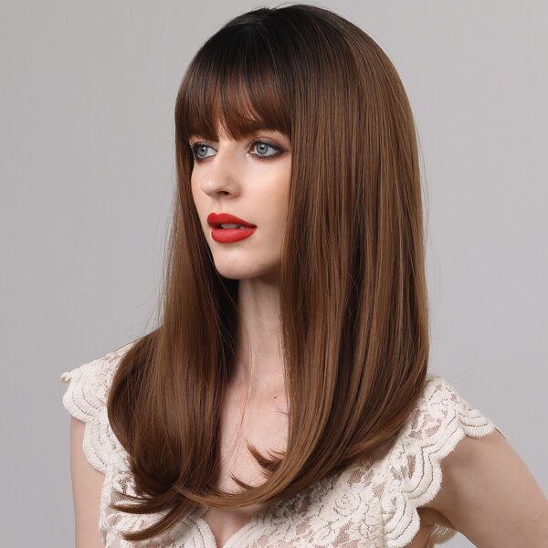 

1pc Long Straight Wig With Bangs, Multicolor