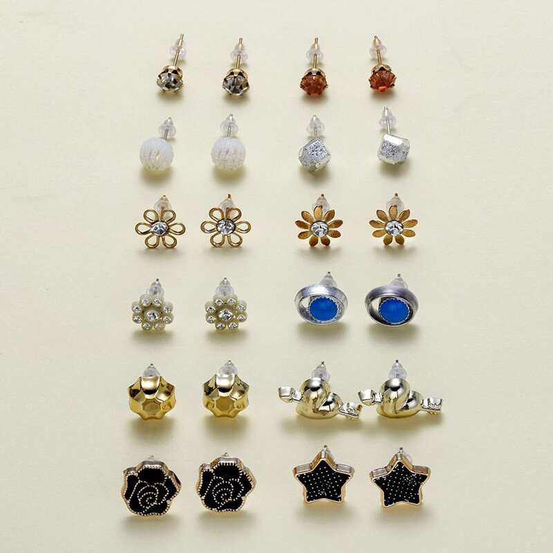 

12pairs Flower & Star Design Stud Earrings, Multicolor