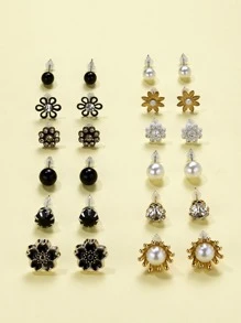 12對人造珍珠裝飾花朵設計耳釘