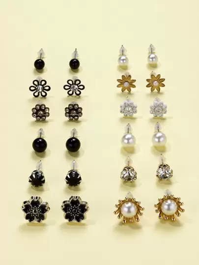 12對人造珍珠裝飾花朵設計耳釘