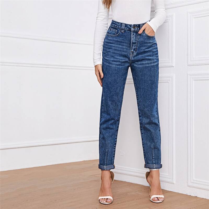 

Pocket Side Roll Hem Mom Jeans, Dark wash