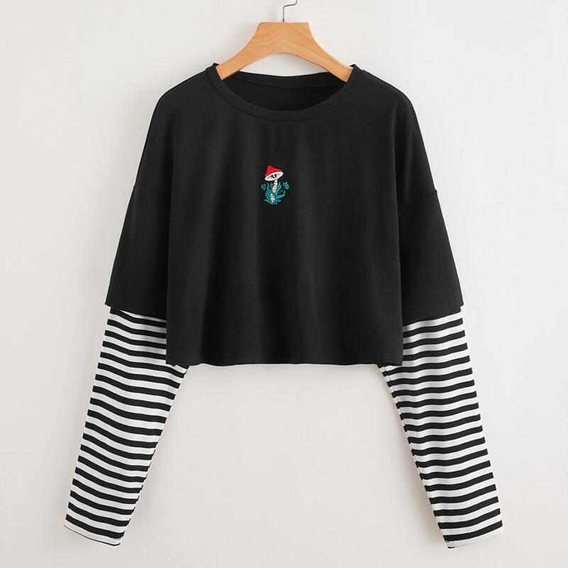 

Mushroom Embroidery Striped Sleeve Oversized Tee, Black and white