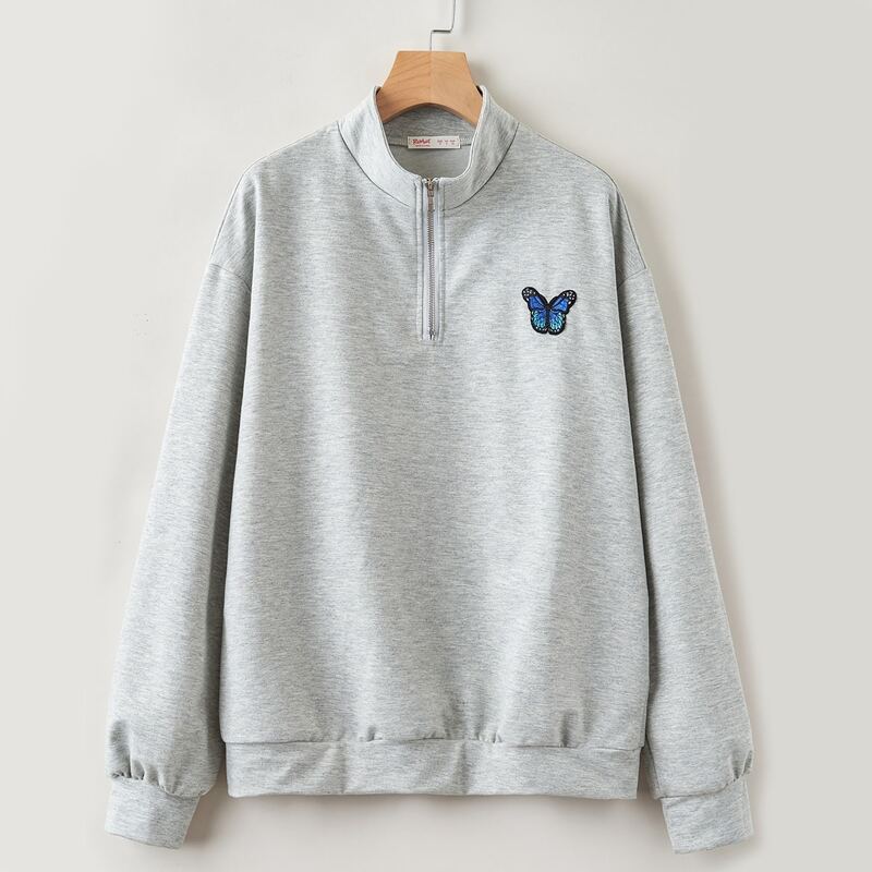 

Butterfly Embroidery Half Zip Sweatshirt, Light grey