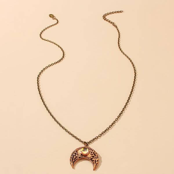 

Rhinestone Decor Moon Charm Necklace, Bronze