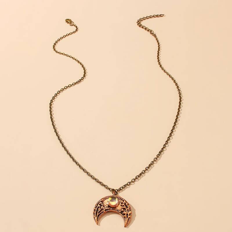 

Rhinestone Decor Moon Charm Necklace, Bronze