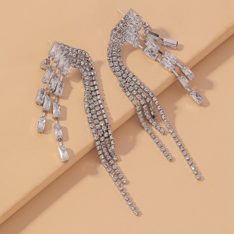 

Rhinestone Tassel Decor Drop Earrings, Silver
