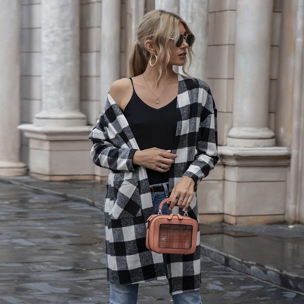 

Buffalo Plaid Dual Pockets Drop Shoulder Coat, Black and white