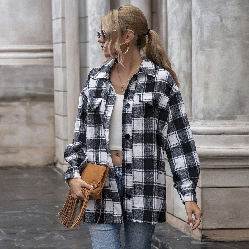 

Plaid Flap Detail Wool-mix Overcoat, Black and white