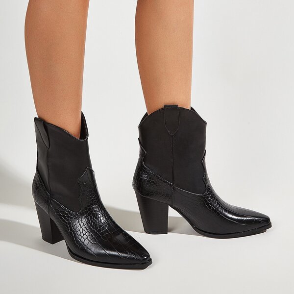 

Croc Embossed Chunky Heeled Boots, Black