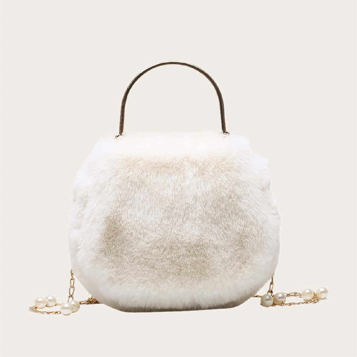 

Faux Pearl Decor Fluffy Satchel Bag, White