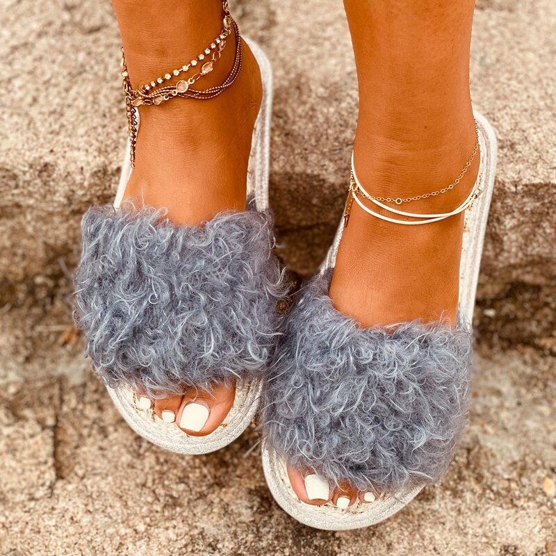 Open Toe Fluffy Slippers, Light grey