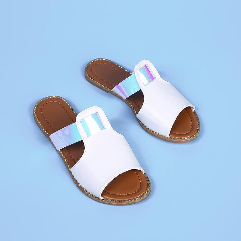 

Open Toe Holographic Detail Slide Sandals, White
