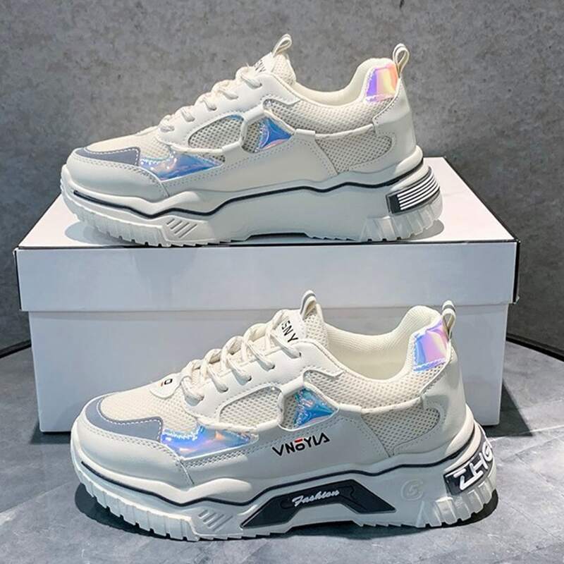 

Holographic Lace-up Chunky Trainers, White