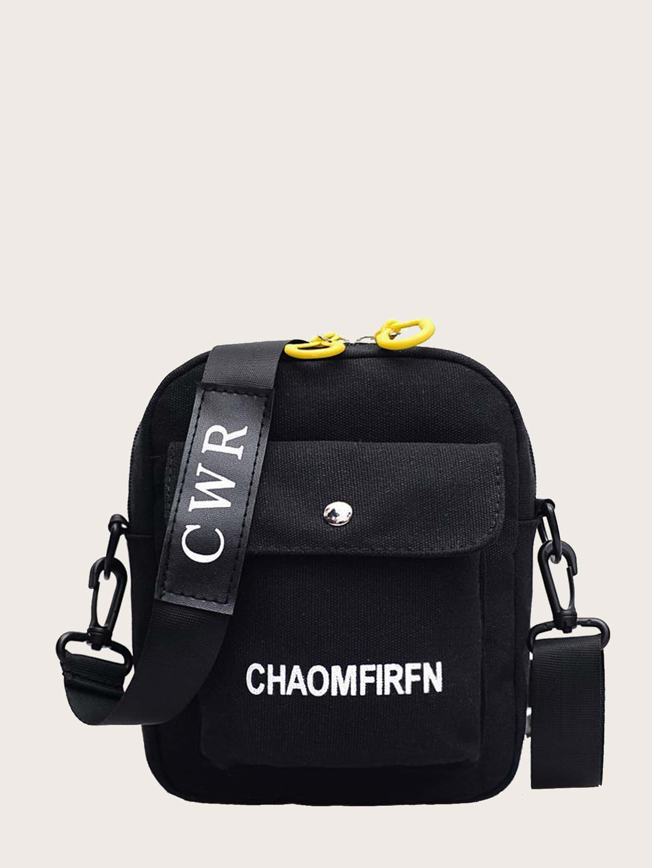 Mini Men Letter Graphic Canvas Crossbody Bag - Black - View 1