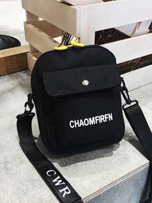 Mini Men Letter Graphic Canvas Crossbody Bag - Black - View 2