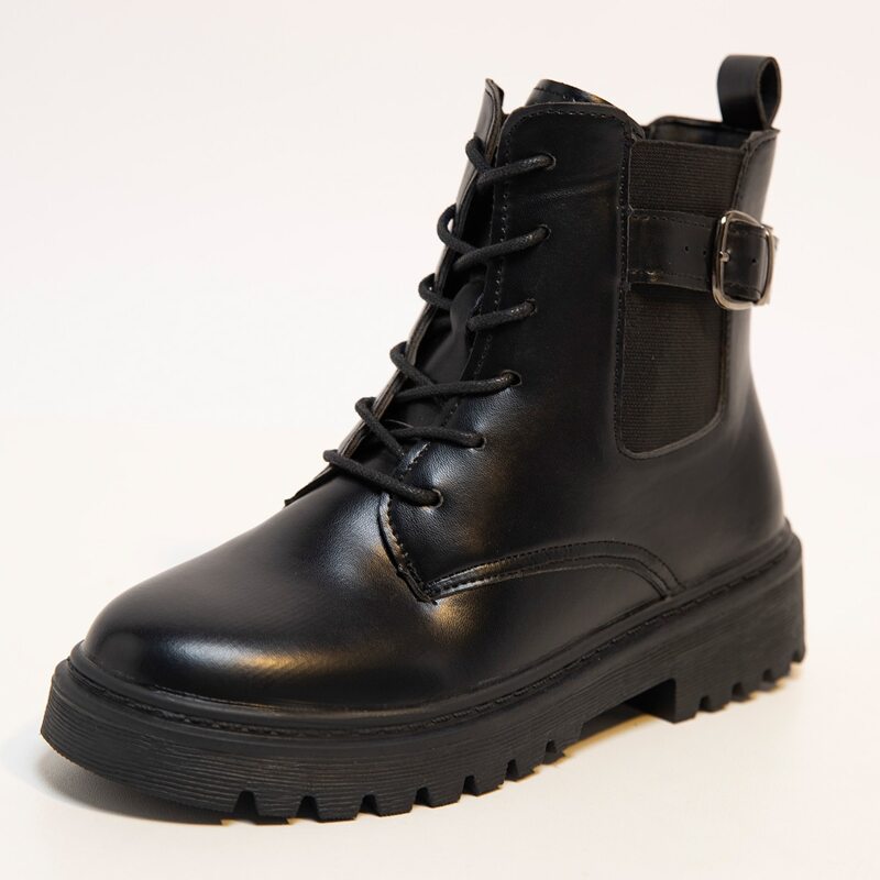 

Buckle Decor Lace-up Chelsea Boots, Black
