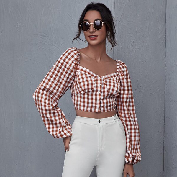 

Lantern Sleeve Gingham Crop Top, Multicolor