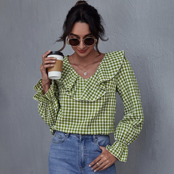 

Ruffle Trim Gingham Top, Green