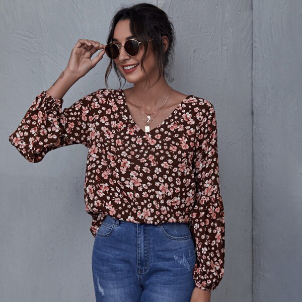 

Ditsy Floral Print Lantern Sleeve Top, Multicolor