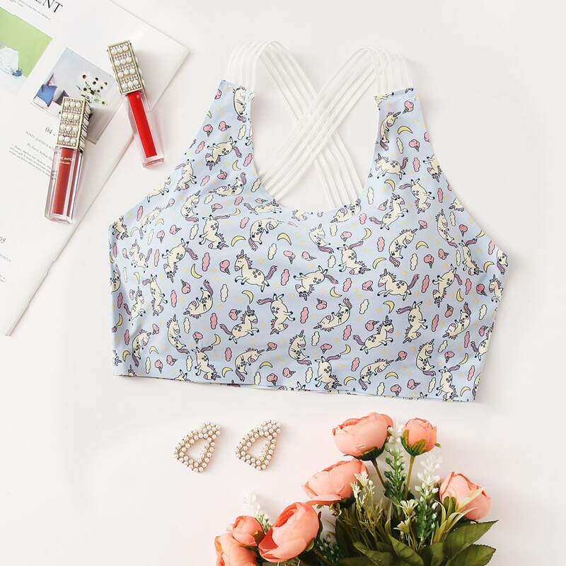 

Unicorn Print Crisscross Bralette, Multicolor