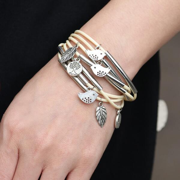 

Girls Leaf Charm Layered Bracelet, Beige