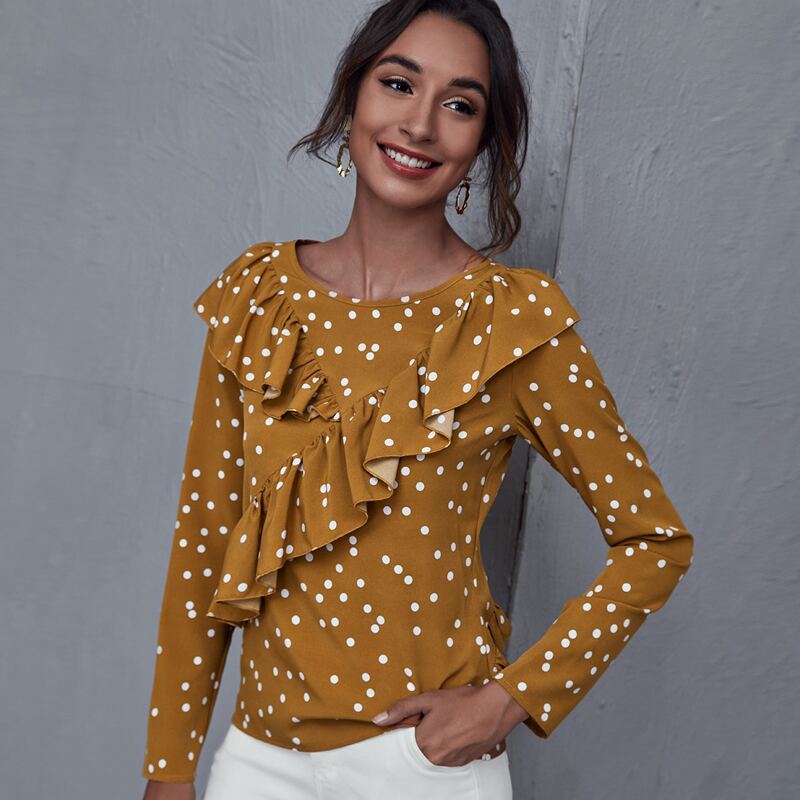 

Ruffle Trim Polka Dot Top, Mustard yellow