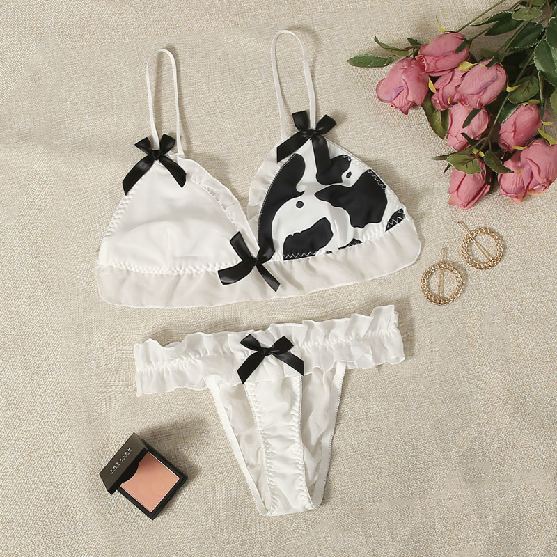 

Cow Print Frill Trim Thong Lingerie Set, White
