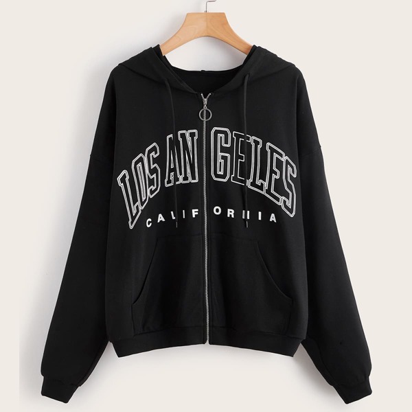 

Letter Print O-Ring Zipper Hoodie, Black
