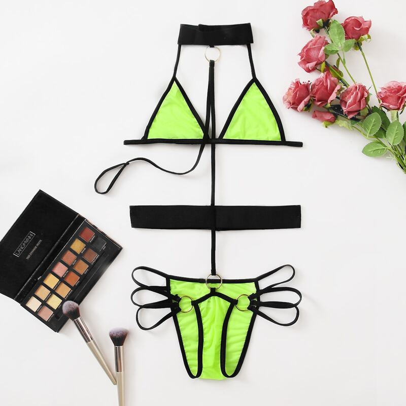 

Ring Linked Choker Teddy Bodysuit, Green neon
