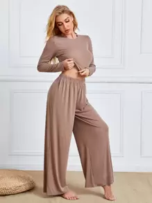 Solid Crop Tee & Wide Leg Trousers Lounge Set - Mocha Brown - View 3