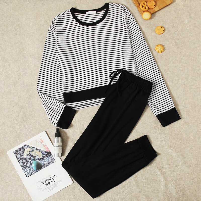 

Stripe Tee & Tie Front Pants PJ Set, Black and white