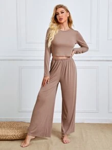 Solid Crop Tee & Wide Leg Trousers Lounge Set - Mocha Brown - View 5