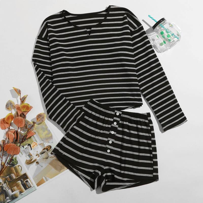 

Stripe Button Front Shorts PJ Set, Black