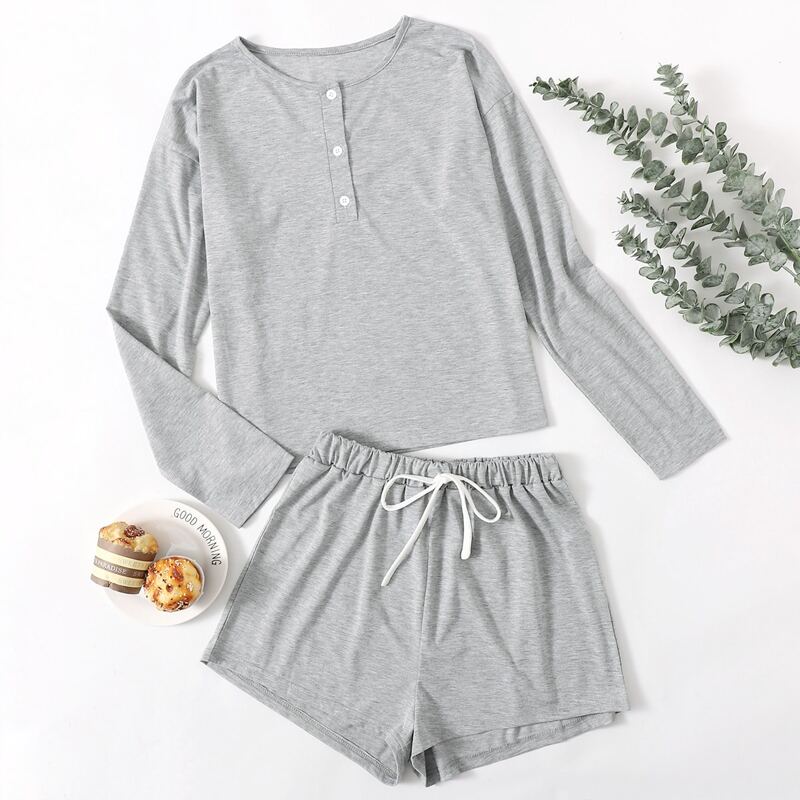 

Button Front Tee & Shorts PJ Set, Light grey