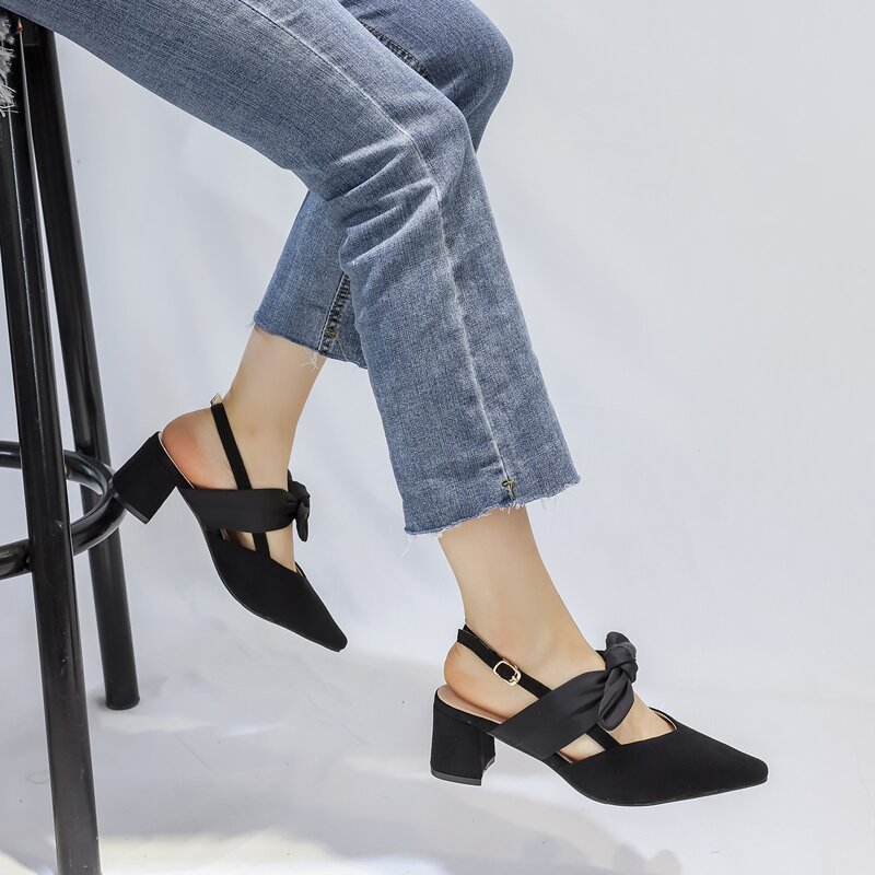 

Bow Decor Slingback Chunky Pumps, Black