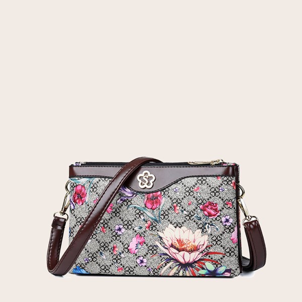 

Floral Pattern Zip Up Crossbody Bag, Coffee brown